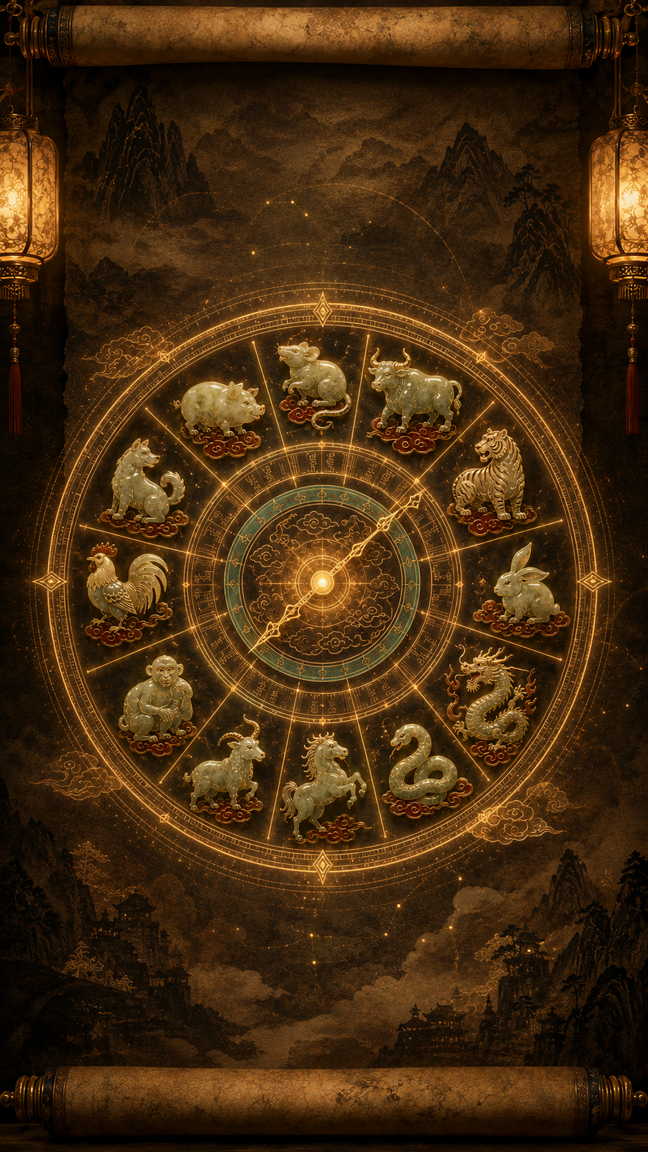 Glowing Chinese Zodiac clock painted on an oriental scroll