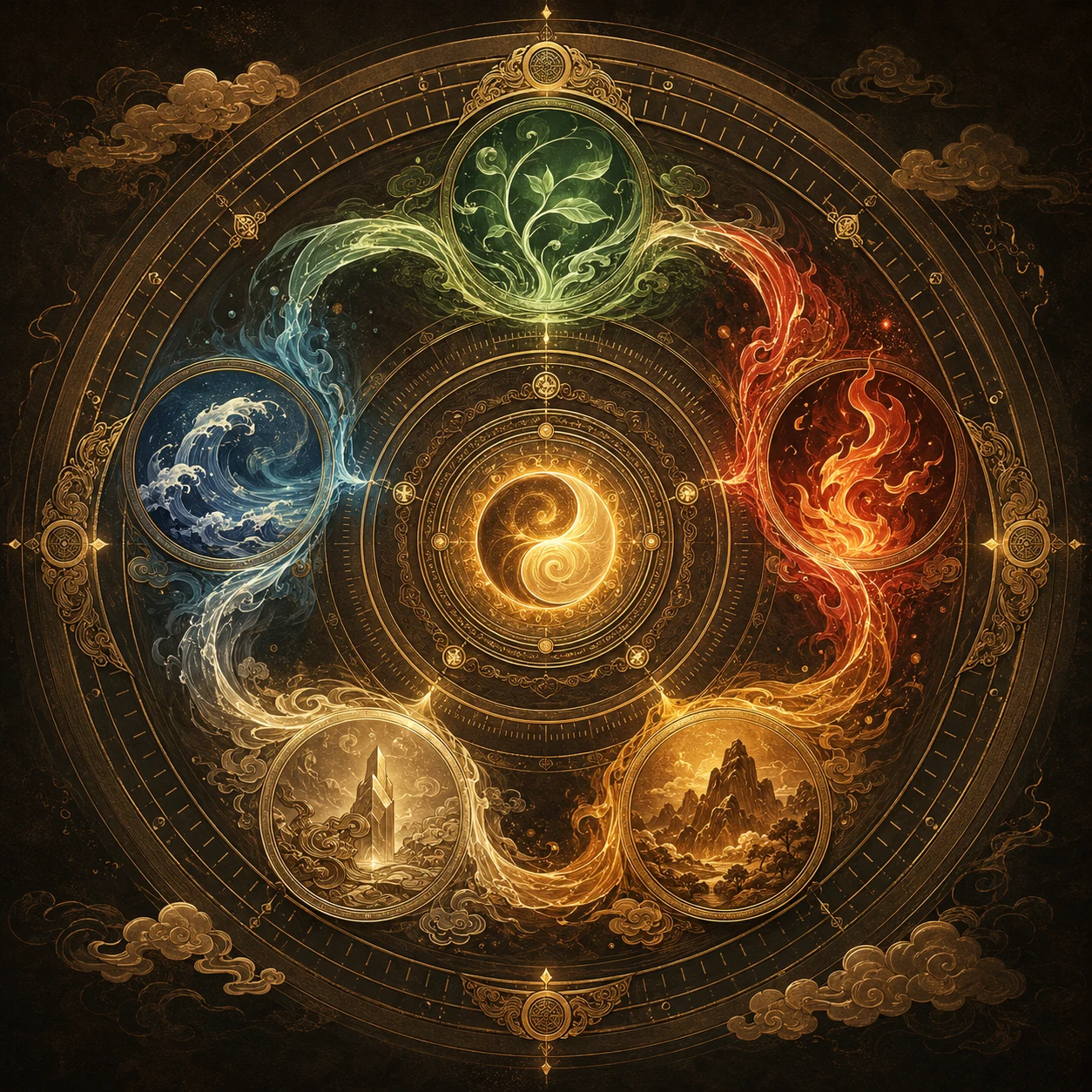 Ornate circular Wu Xing five elements artwork with Wood, Fire, Earth, Metal, and Water around a glowing center